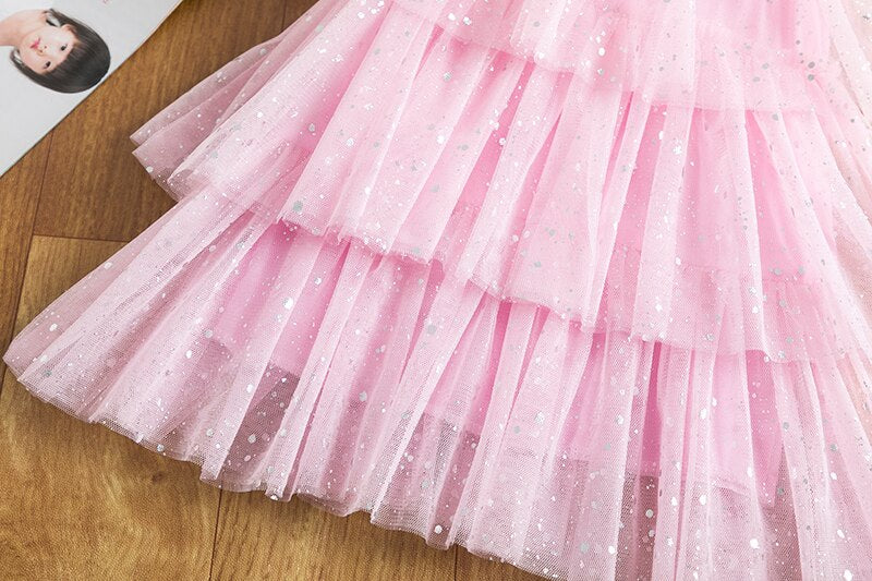 Girls Princess Dress Kids Ruffles Sleeve Cake Layers Tutu Vestidos Children 3-8 Years Sequin Elegant Wedding Party Fairy Clothes