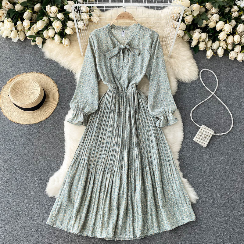 Spring Autumn Dresses For Women Tie Bow Neck Long Sleeve Chiffon Midi Dress Elegant Vintage Floral Print Pleated Dress