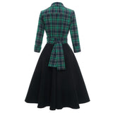 England Style Green Plaid Women Party Dress Hepburn Black Patchwork 3/4 Long Sleeve Autumn Winter 50s Swing Midi Vintage Dresses