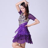 Plus Size 4XL Adult Lady Latin Dance Practice Dress V Neck Short Sleeve Sequin Metallic Fringe Dress