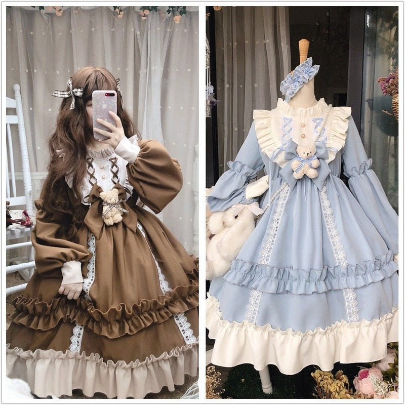 Japanese Gothic Lolita Dress Women Kawaii Bow Bear Lace Blue Dress Long Sleeve Princess Dress Halloween Costume Gift For Girls