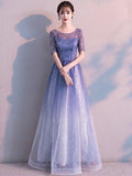 Blue O-neck Evening Dress Embroidered Party Dress Half-Sleeve A-line Gown Elegant Tulle Long Robe