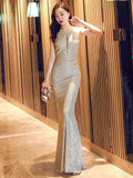 Women See through Sexy Party Maxi Dress Silver Sequin Evening Dress