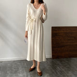 Elegant Autumn Winter Twisted Knitted Dress With Belt V Neck Long Sleeve Solid Casual Midi Dress