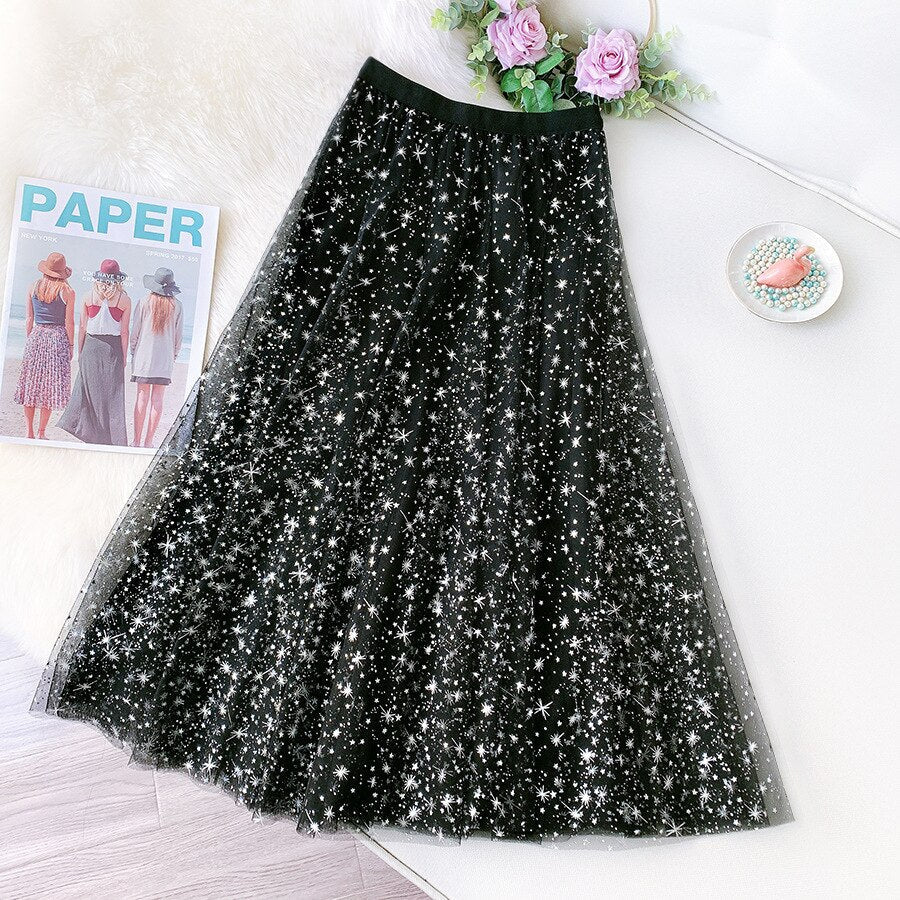Harjuku Elastic High Waist Starry Sky Shiny Mesh Women A-Line Pleated Skirt