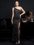 Women Beads Party Maxi Dress Elegant One Shoulder Slit Pink Sequin Prom Dress