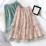 Summer Women Mesh Floral Embroidery A-line High Waist Sweet Skirt Streetwear