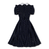 Blue Green Vintage Retro Chiffon Party Women Dress Polka Dots Print Turn Down Collar With Bow Rockabilly A Line Party Sundress