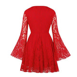 Flare Sleeve Red Elegant Lace A Line Mini Party Women Autumn O-Neck Slim Plus Size Dress