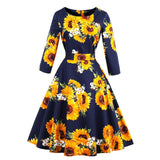 Navy Blue Floral Women High Waist Sleeve Robe Pin Up Swing Cotton Vintage Dress