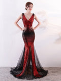 Sleeveless V-neck Evening Dress Black-Burgundy Mermaid Formal Party Dresses Shinning Sequins Floor-length Prom Gowns Backless