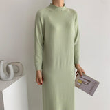 Fashion Mock Neck Long Sleeve Casual Knitted Dress Autumn Winter Solid Elegant Loose Midi Dress