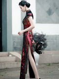 New Fashion Sequins Cheongsam Embroidered High-slit Formal Evening Dress For Women Short-Sleeve Long Cheongsam