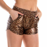 Summer Women Metallic Elastic Waist Shiny Hot Pants Rave Dance Booty Shorts with Pockets Club Bottoms