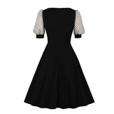 Night Elegant Black Vintage Swing Women Dotted Mesh Puff Sleeve High Waist Rockabilly Retro Dress