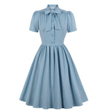 Women Vintage Pleated Swing Dress Tie Neck Button Up 50S Pinup Robes Spring Red Blue Blue Elegant Retro Clothes Ladies Dresses