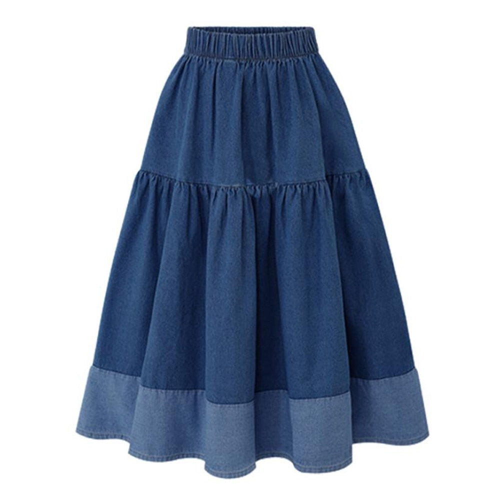 High Waist Pleated A-Line Skirt Female Korean Flared Jean Long Skirt