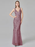 Silver Gray Elegant Evening Dresses Sexy V Collar Open Back Sleeveless Embroidered Beads Fishtail Dress Gown
