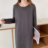 Crew Neck Long Sleeve Basic Casual Knitted Dress Fall Winter Side Slit Elegant Loose Midi Dress