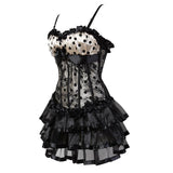 Women Sexy Lace Corset Dress Vintage Print Dot Cup Straps Overbust Corset Bustier Top With Striped Mini Skirt Set Plus Size