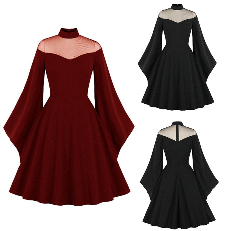 Gothic Black Women Party Dress Flare Sleeve Black Dark Red Christmas A Line Swing Sundress Autumn Winter Vintage Retro Dresses