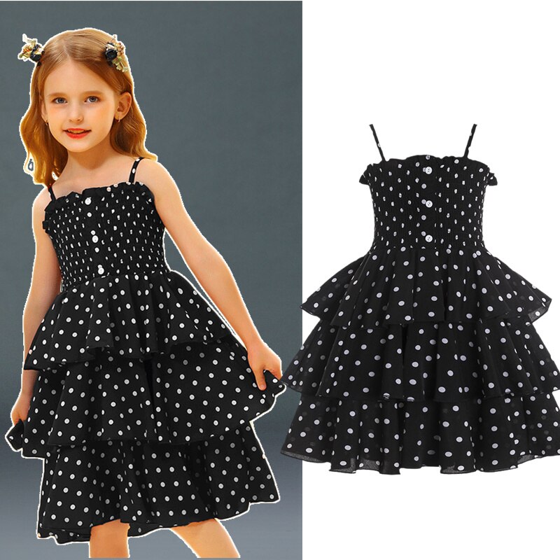 Girls Princess Dress For Kids Sling Polka Dot Print Black Vestidos Elegant Party Tutu Gown Children Casual Sleeveless Sundress