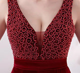 New V-neck Beading Long Evening Dress Sexy Backless Velour Evening Party Dress