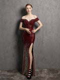 Sexy Backless Off Shoulder Evening Dress Slim Slash Neck Sequins Formal Party Gown Side Split Women Vestidoes New