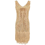 Flapper Filigree Embroidery 1920s V Neck Sleeveless Beaded Tiered Fringe Sequin Great Gatsby Dress