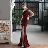 New One Shoulder Party Maxi Dress Sexy Slit Sequin Evening Dress