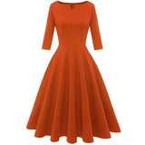 Solid Autumn Woman Dress 50s 60s Casual Slim Three Quarter Sleeve A Line Tunic Women Vintage Sundress Office Midi Party Dress