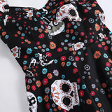 Skull Pattern and Floral Print Rockabilly Vintage 50s Halloween Costumes for Women Halter Sexy Party Fit and Flare Dress