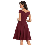 Green Solid Bow Off Shoulder Elegant Party Vintage Slim Fit and Flare Midi Ladies Swing Dress