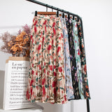 High Waist Floral Print Mid Calf Long Pleated Women Summer Vintage Elegant Chiffon Midi Skirt