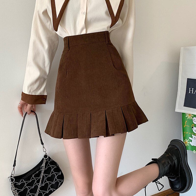 Ladies A-line Short Skirts Korean Style Vintage Corduroy Solid Color High Waist Women Casual Mini Skirt