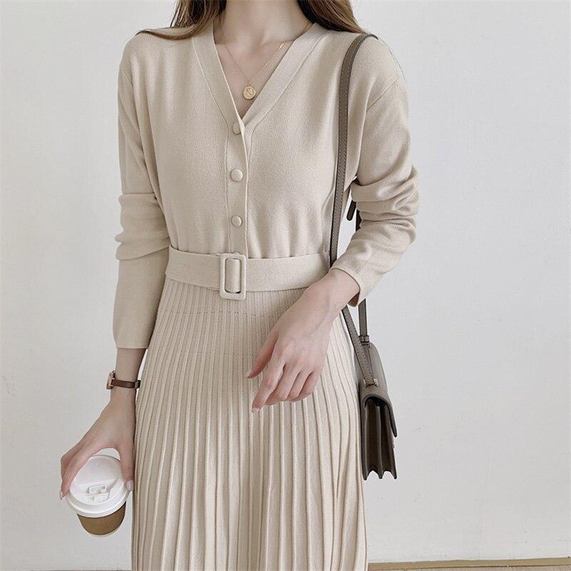 V Neck Long Sleeve Belted Knitted Dress Autumn Winter Button Elegant Pleated Midi Dress
