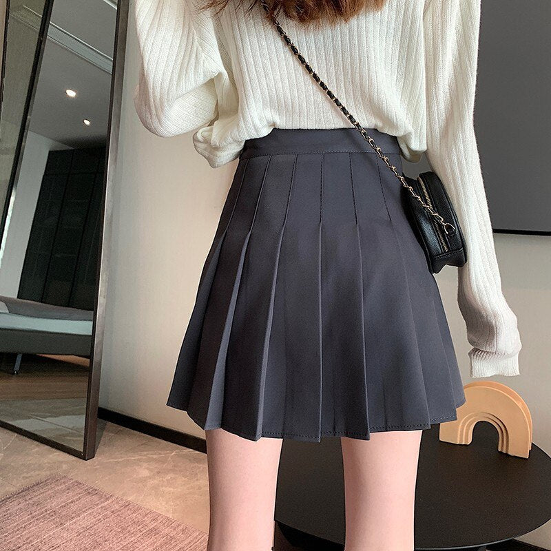 Ladies A-line Pleated Skirts Korean Style Solid Color All-match Women High Waist Casual Short Skirts
