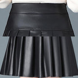 Black Leather Pleated Short Women Mini Skirt Summer High Waist Solid Color Black Skirts