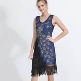 Plus Size Women 1920s Flapper Dress Vintage V-Neck Sleeveless Peacock Embroidery Great Gatsby Dress Sequin Fringe Party Dress