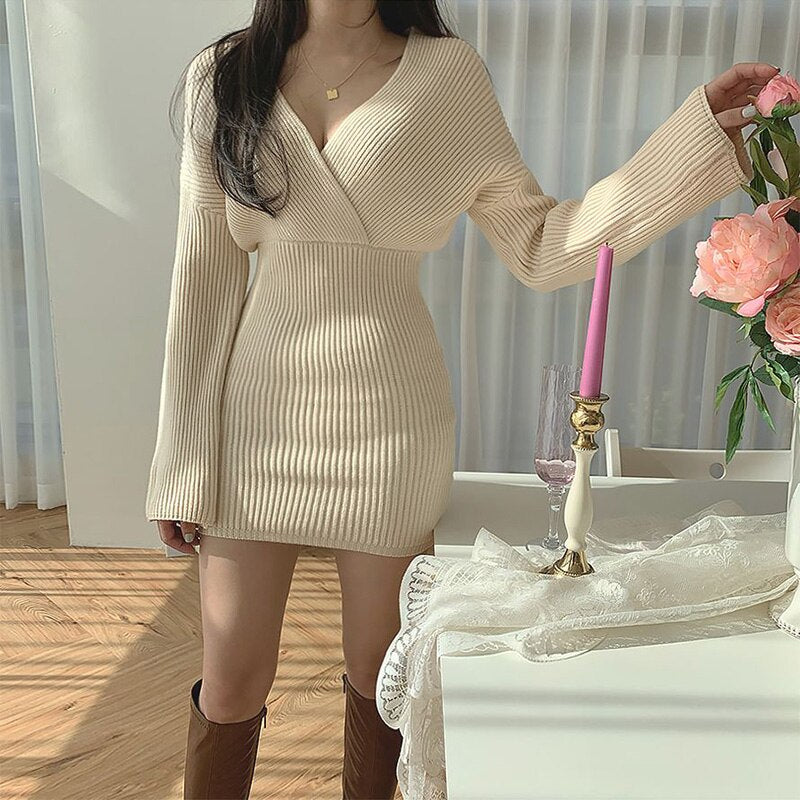 Drop Shoulder Long Sleeve Ribbed Sweater Dress Women Winter Crossover V Neck Night Out Sexy Mini Knitted Bodycon Dress