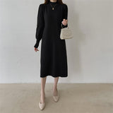 Autumn Winter Elegant Warm Knitted Dress With Belt Mock Neck Long Sleeve A Line Casual Midi Dress