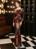 Women Elegant O Neck Backless Sequin Dress Formal Long Sleeve Evening Party Dress