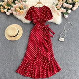 Summer Clothes Dresses For Women Elegant Vintage Ruffle Wrap Dress V Neck Short Sleeve Casual Polka Dot Midi Dress