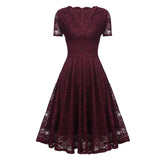 V Neck Elegant Burgundy A Line Lace Women Summer High Waist Vintage Midi Swing Dress