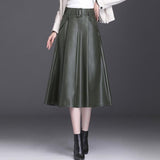 Faux Leather High Waist Women Streetwear Loose Large Swing Skirt Long Women Midi A-Line Skirt