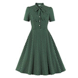 2023 Bow Tie Neck Button Front Polka Dot Pinup 50s Vintage Shirt Dresses Women A-Line Summer Female Elegant Green Dress