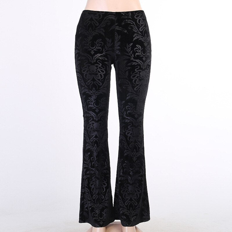 Women Floral Embossed Velvet Skinny Vintage Flare Pants High Waist Streetwear Spring Black Trousers