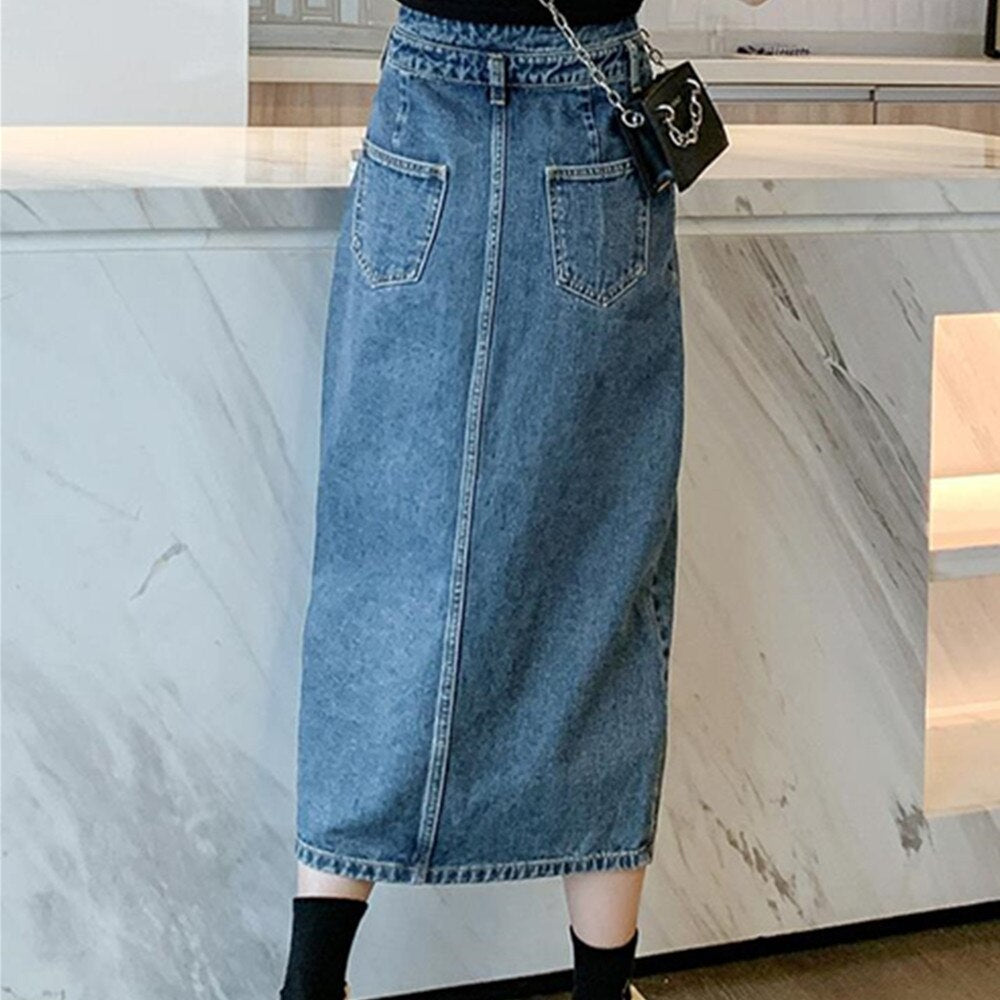 Jeans Long Women High Waist Party Solid Denim Midi Skirt Streetwear Ladies Skirt