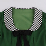 Square Neck Single-Breasted Bow Vintage Green A-Line Midi Short Sleeve Pinup Dress