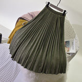 Autumn Winter Women Elastic High Waist Pleated A-Line Long Skirt